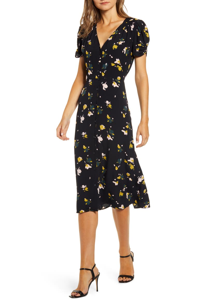 Floral Ruched Sleeve Dress, Main, color, BLACK- OLIVE MINI PRINT MIX