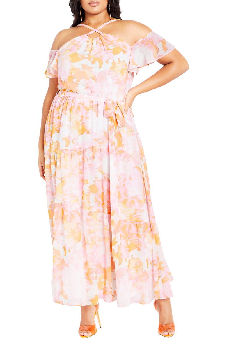Vera Cold Shoulder Maxi Dress, Main, color, YELLOW/ PINK PRINT