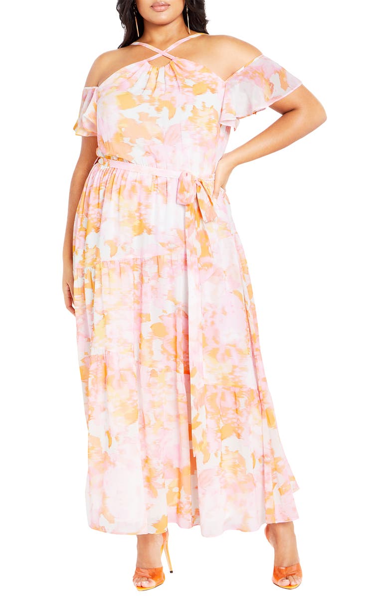 City Chic Vera Cold Shoulder Maxi Dress, Main, color, Yellow/ Pink Print
