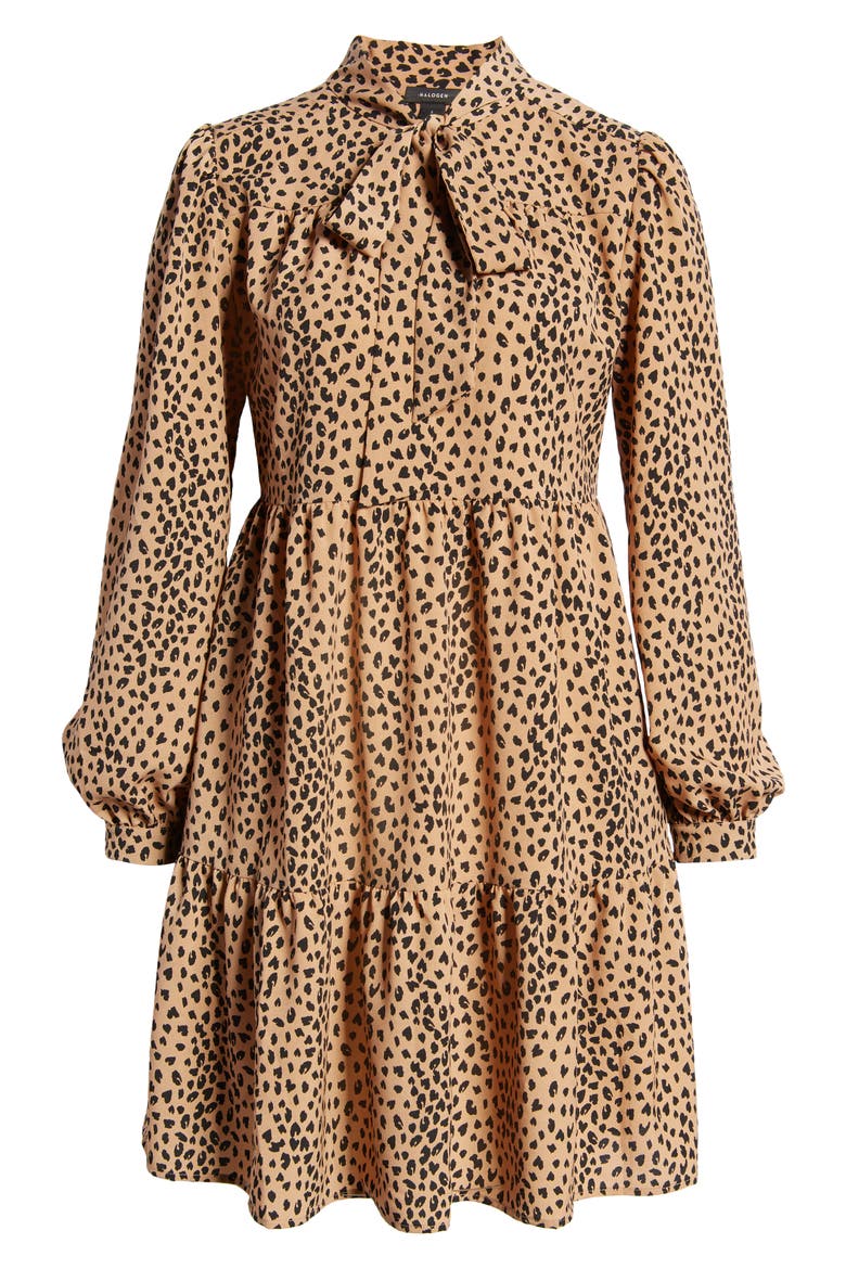 Tie Neck Tiered Long Sleeve Dress, Alternate, color, TAN SAFARI ANIMAL PRINT