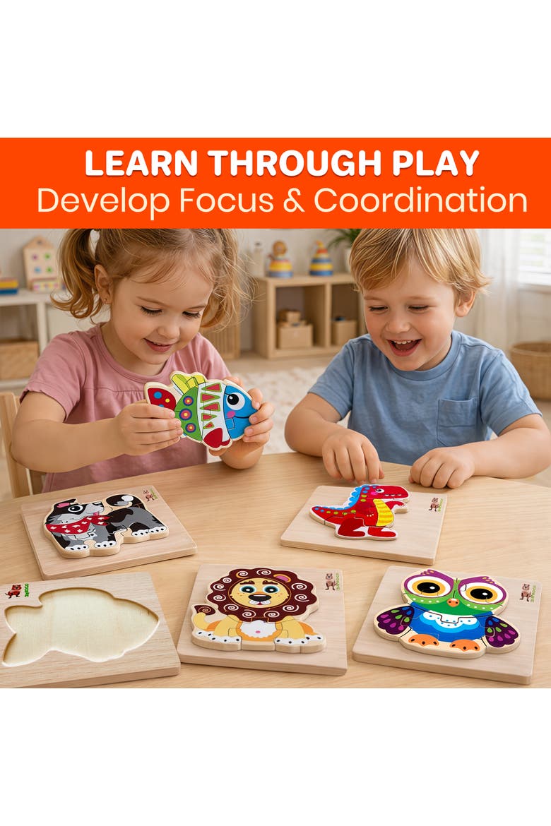 Wooden Montessori Puzzle Set for Toddlers, Alternate, color, Cartoonish animals