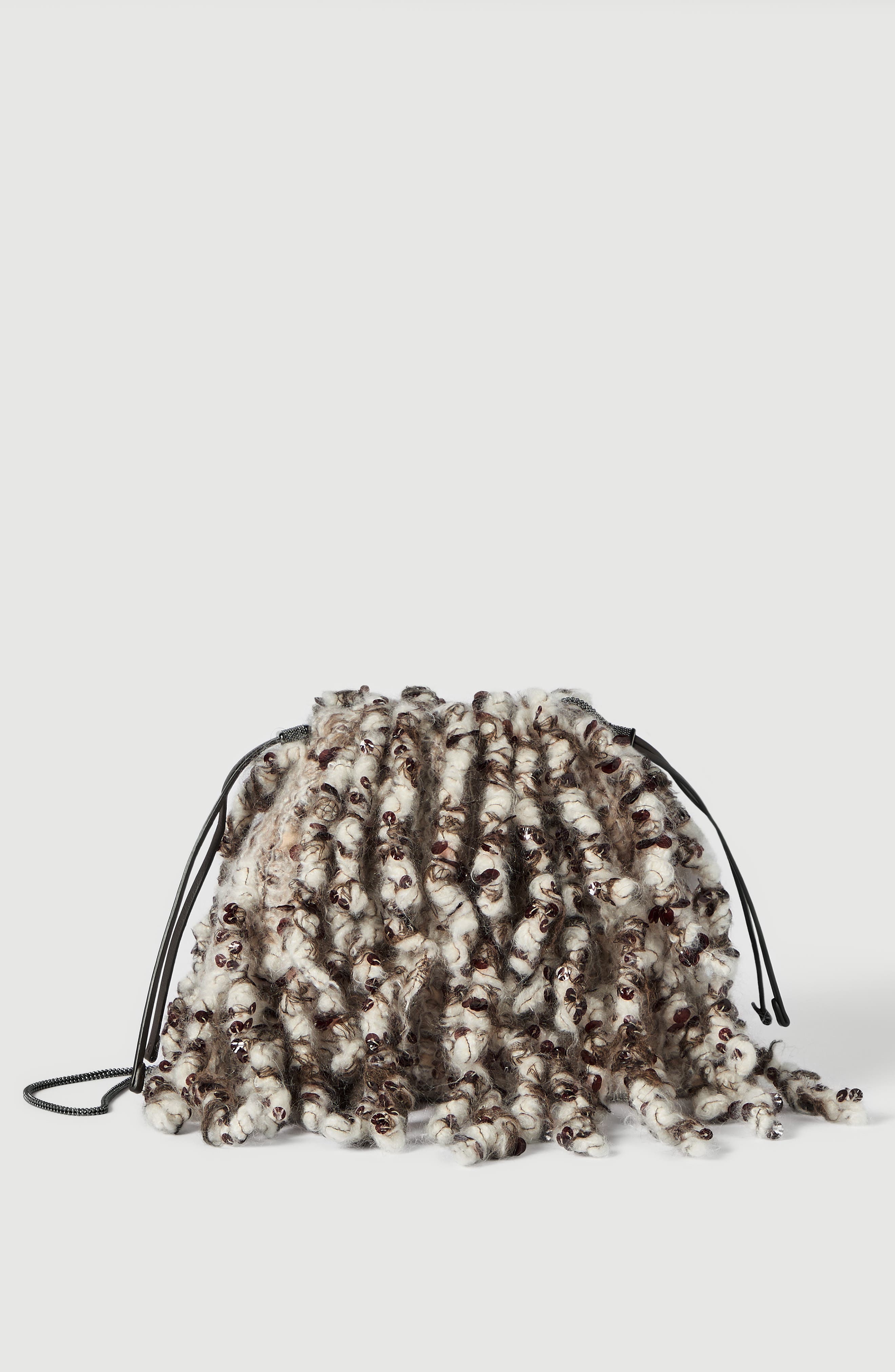 Dazzling Twist Embroidery pouch bag with precious chain, Main, color, Brown