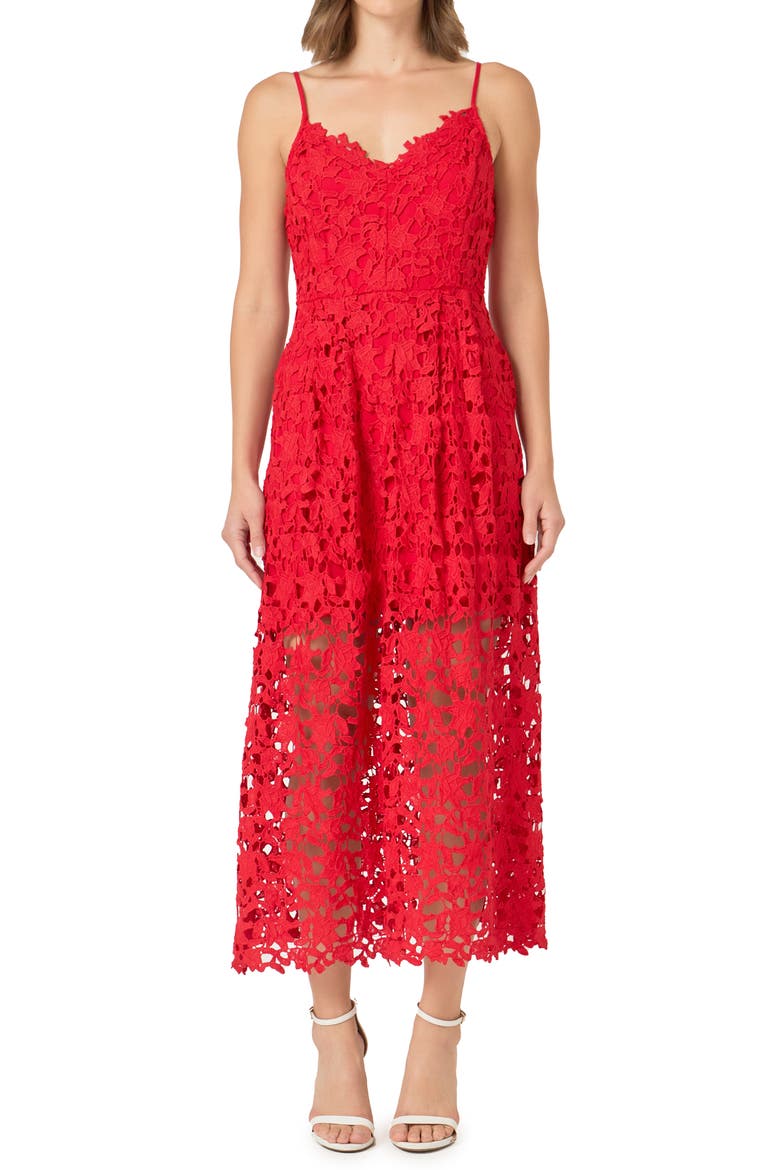 Lace Spaghetti Strap Midi Dress, Main, color, RED