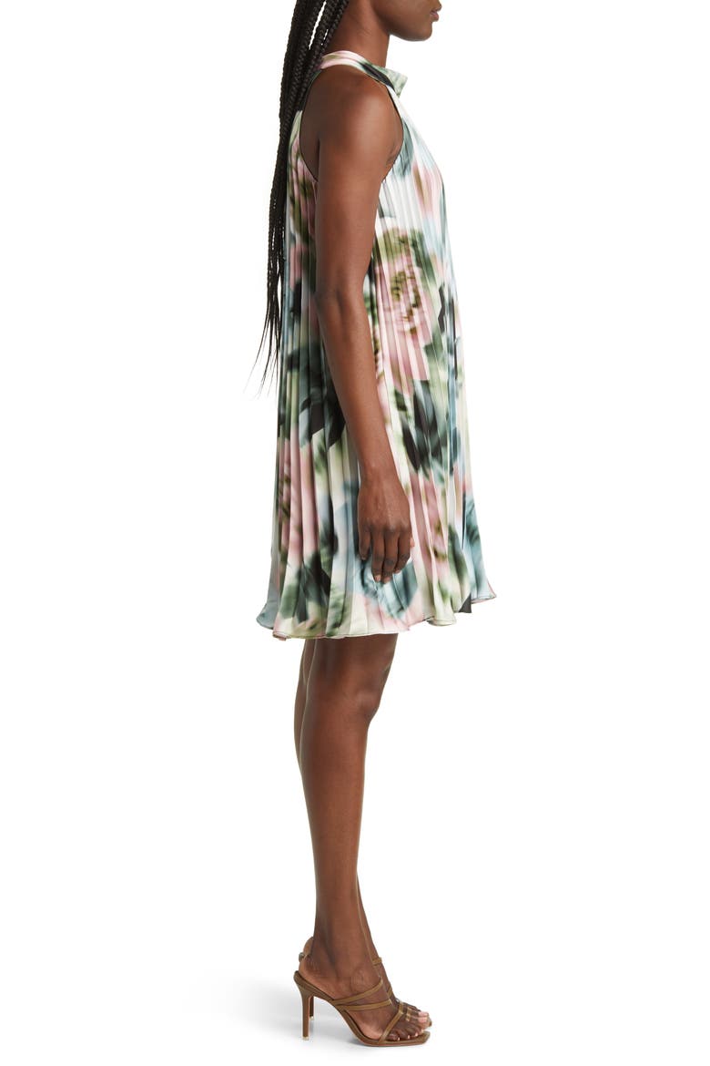 Print Pleated Sleeveless Minidress, Alternate, color, LIGHT GREEN MULTI