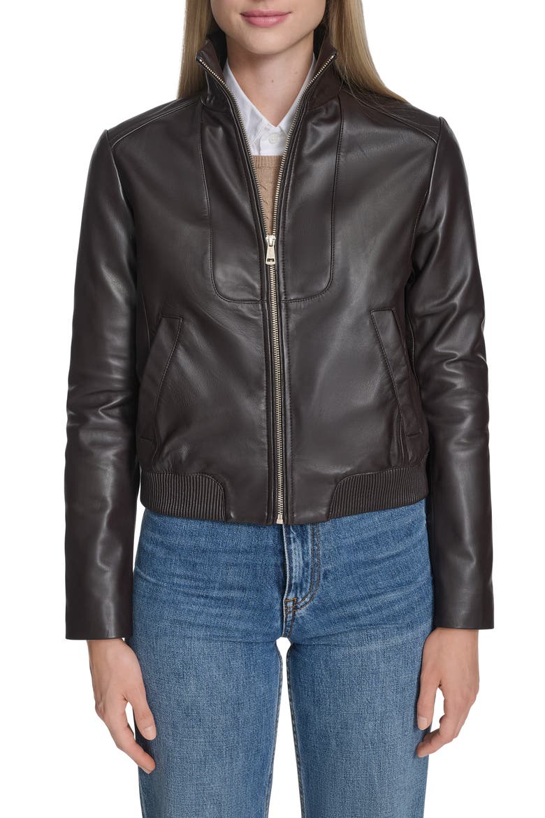 Stand Collar Leather Bomber Jacket, Main, color, DEEP ESPRESSO