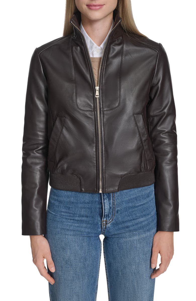 Cole Haan Stand Collar Leather Bomber Jacket, Main, color, Deep Espresso