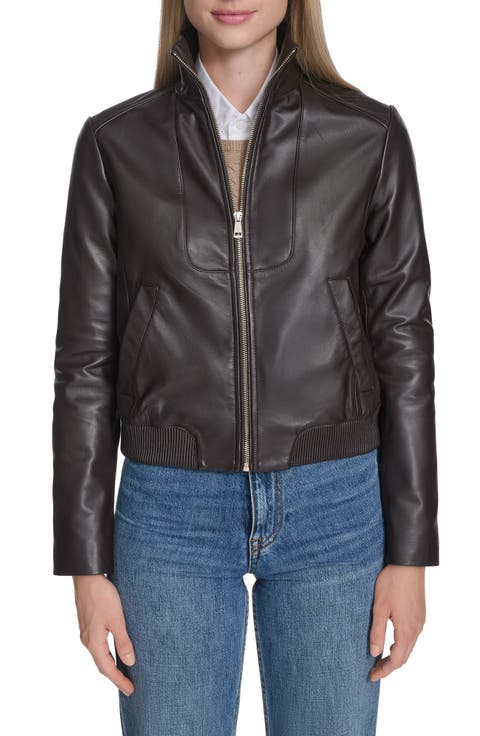 Stand Collar Leather Bomber Jacket