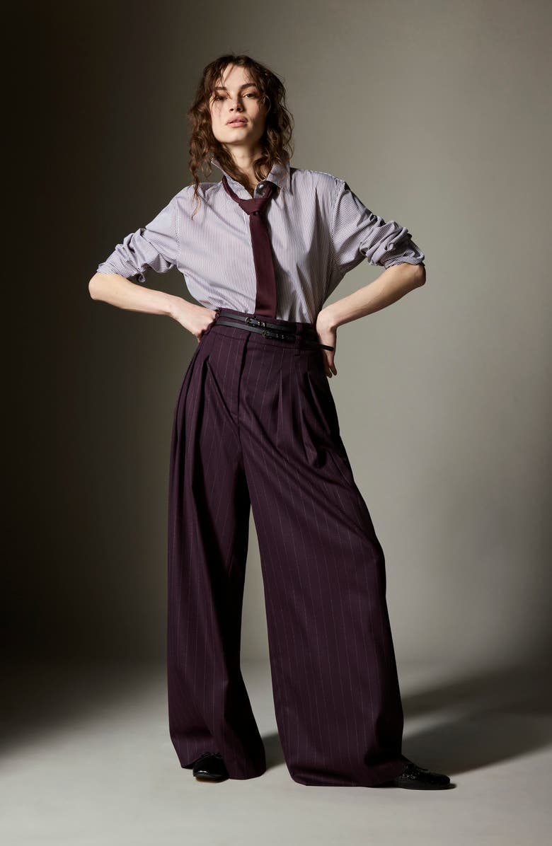 Kenneth Cole Pinstripe Pleated Double Belted High Waist Wide Leg Pants, Alternate, color, Deep Maroon Multi