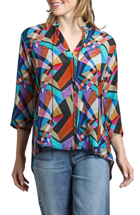 Print Tassel Split Neck Chiffon Top