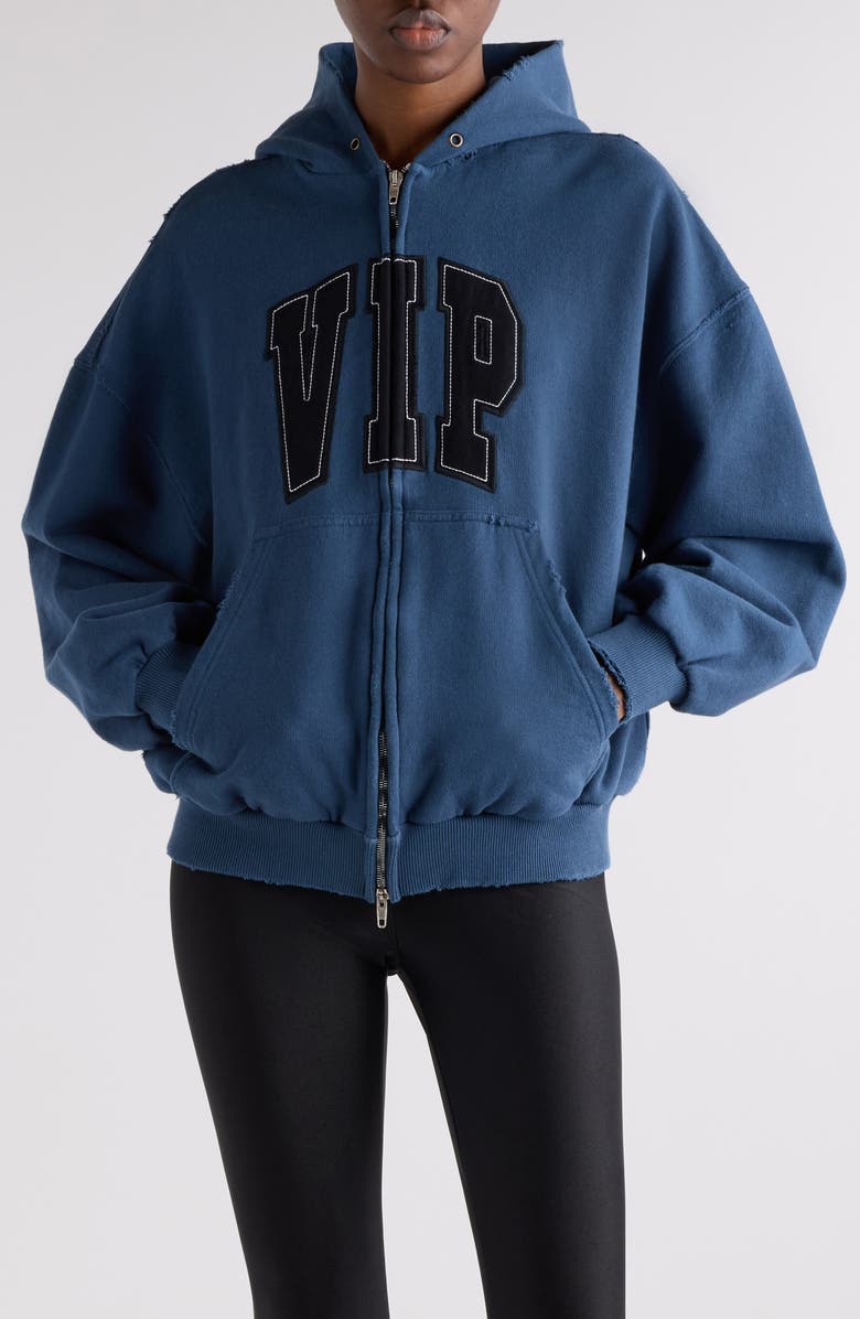 Balenciaga Shifted VIP Distressed Cotton Zip-Up Hoodie, Main, color, 5002 Dark Blue