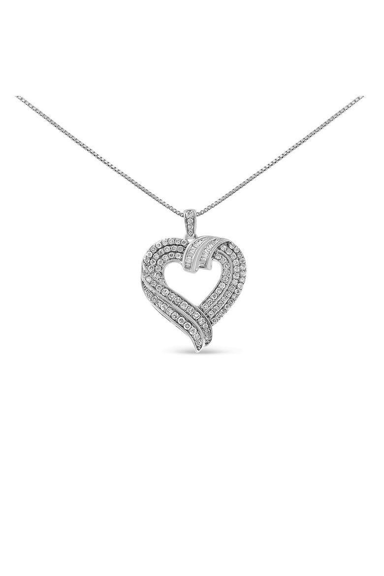 Silver 1.00 Cttw Baguette Diamond Composite Open Heart Pendant Necklace, Main, color, White