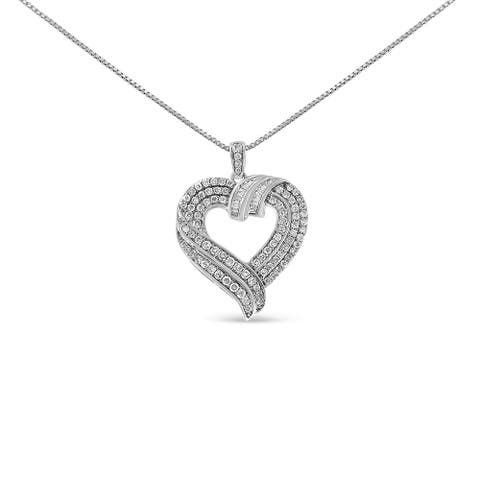 Silver 1.00 Cttw Baguette Diamond Composite Open Heart Pendant Necklace