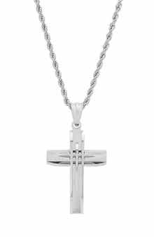 Men's Stainless Steel Cut Accented Cross Pendant Necklace