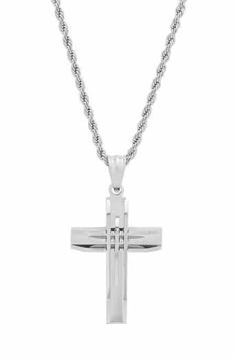 Men's Stainless Steel Cut Accented Cross Pendant Necklace