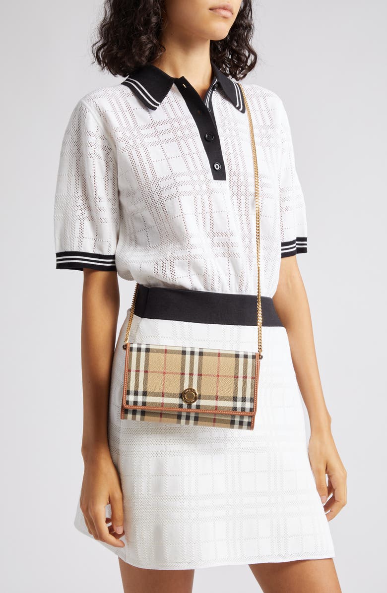 Burberry Hannah Check Coated Canvas Wallet on a Chain, Alternate, color,
