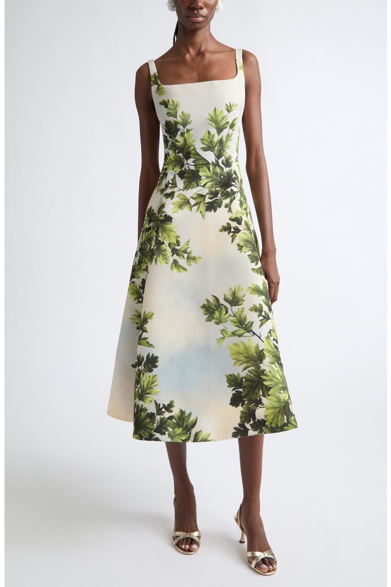 Maple Leaves Faille Fit & Flare Midi Dress, Main, color, GREEN MULTI