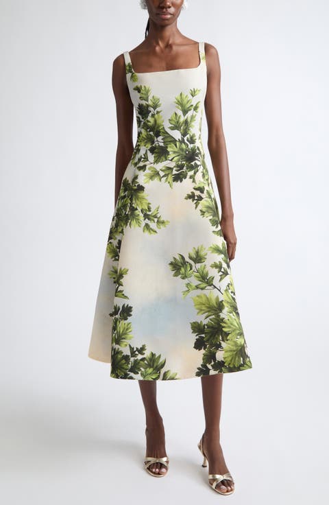 Maple Leaves Faille Fit & Flare Midi Dress