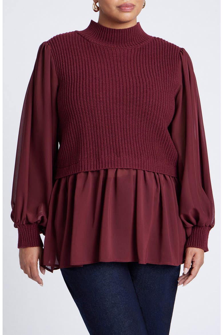 Twofer Sweater With Chiffon, Main, color, BORDEAUX