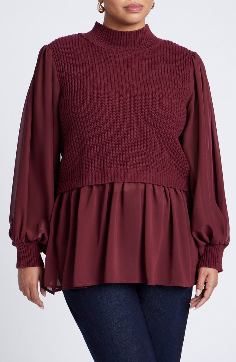 ELOQUII Mixed Media Mock Neck Tunic Sweater, Main, color, 