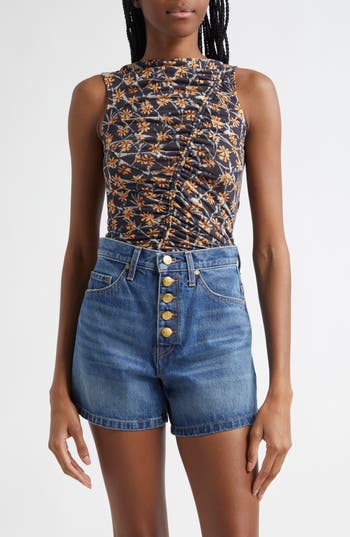Ulla Johnson Medea Floral Ruched Sleeveless Top In Black