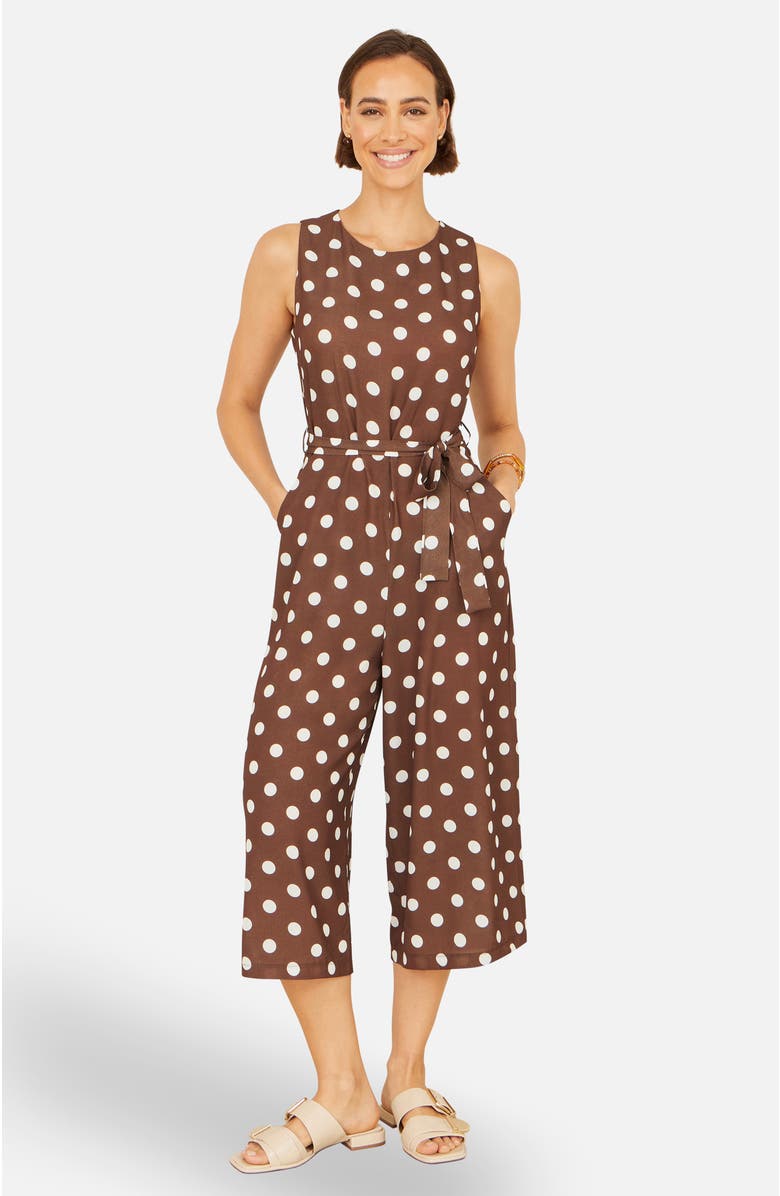 Yumi Polka Dot Culotte Jumpsuit, Alternate, color, Brown