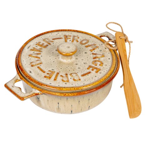 9 Inches Stoneware Brie Baker with Wood Canapé Spreader Knife