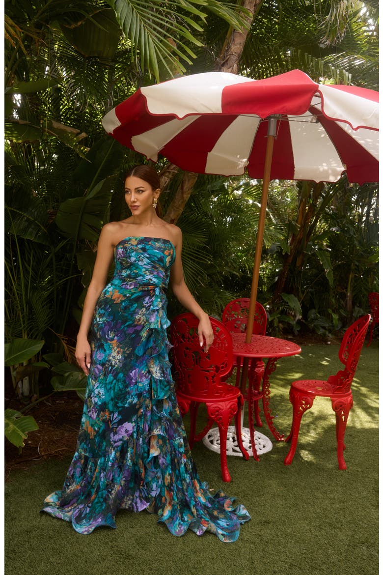 Pleated Ruffle Strapless Mermaid Gown, Alternate, color, TEAL/ MULTI