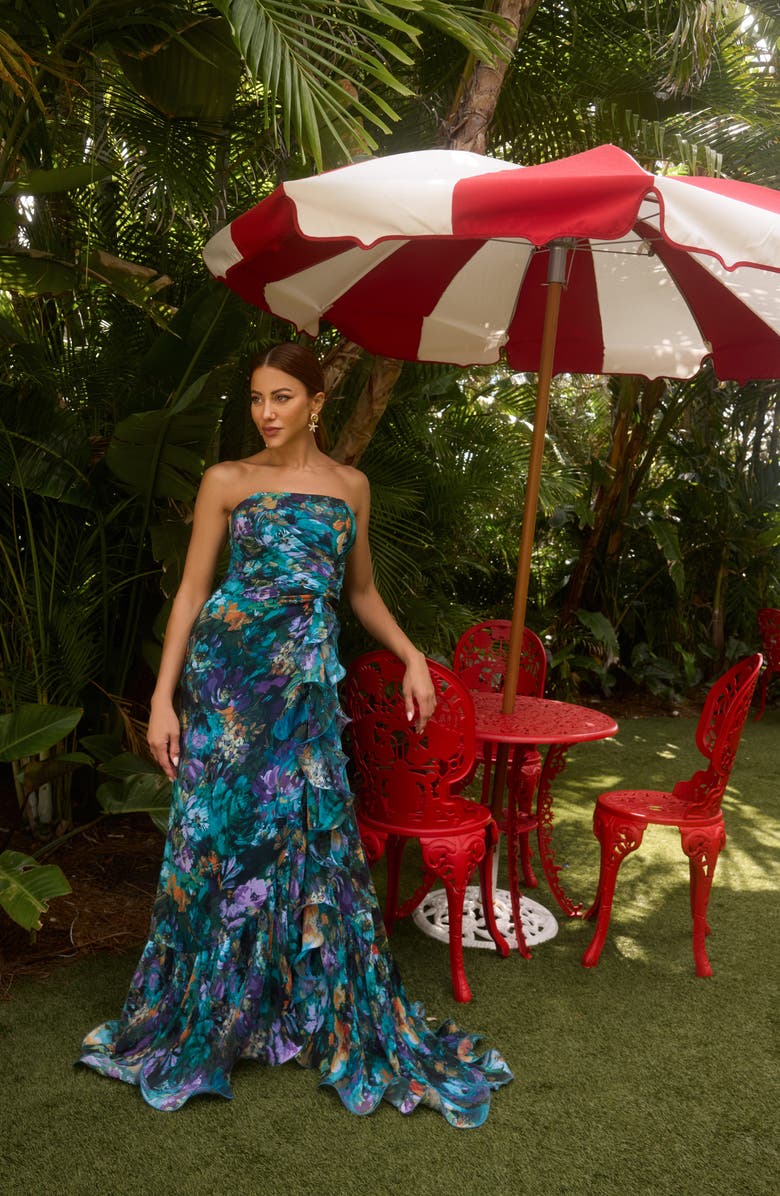 Xscape Evenings Pleated Ruffle Strapless Mermaid Gown, Alternate, color, Teal/ Multi