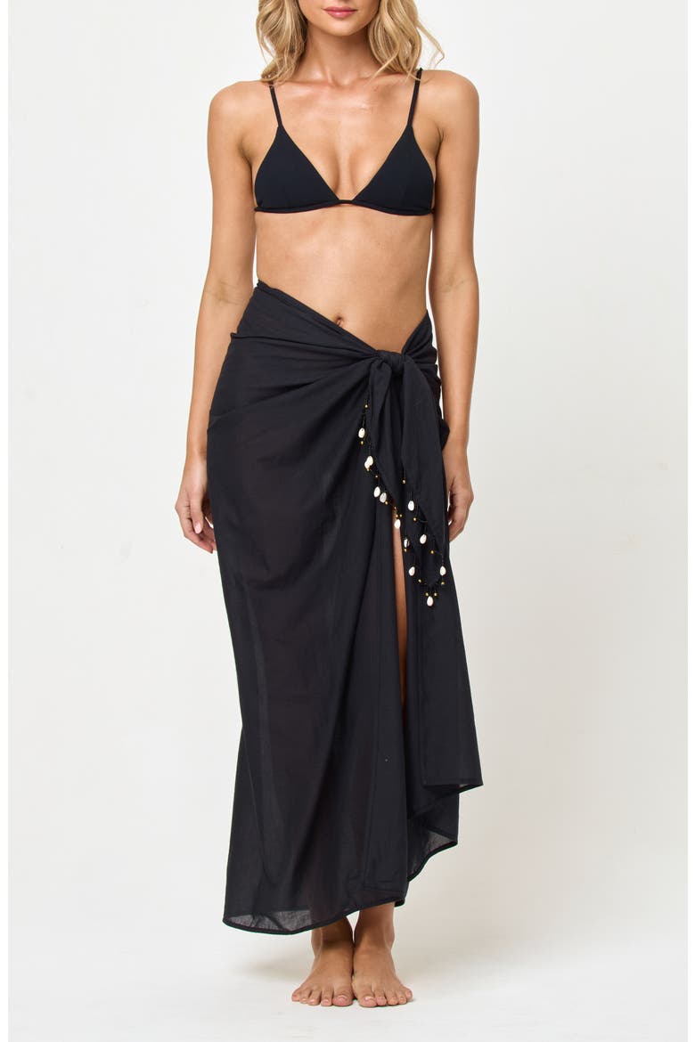Mika Seashell Fringe Cotton Cover-Up Sarong, Main, color, BLACK