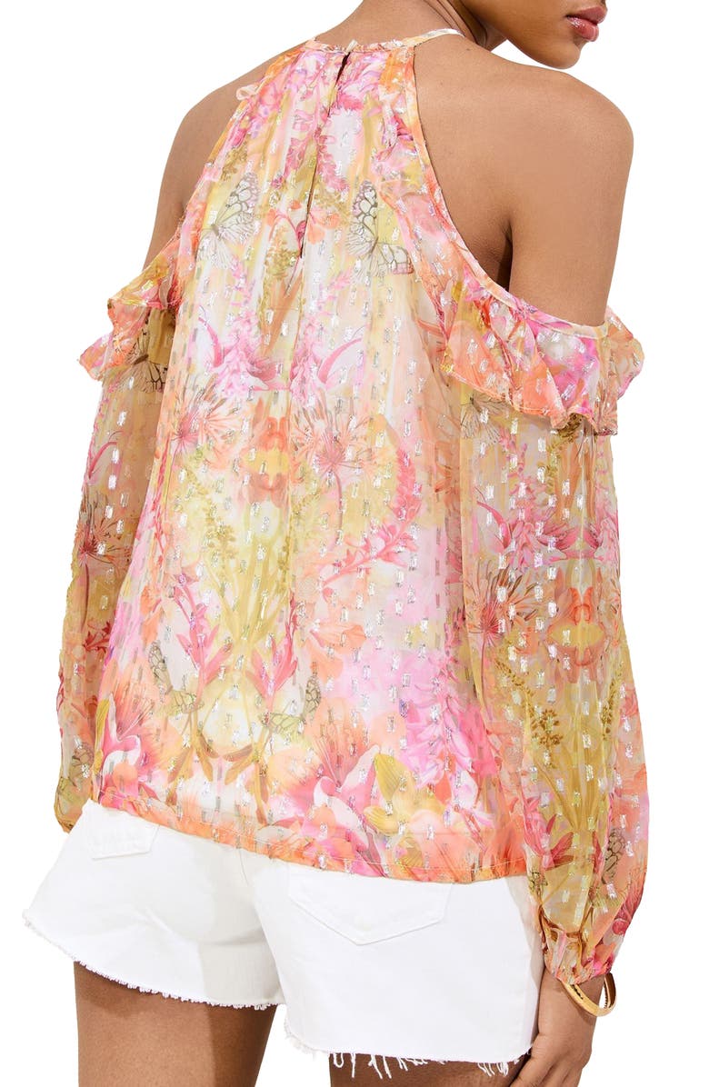 Lipsy Metallic Ruffle Clip-Dot Chiffon Top, Alternate, color, Yellow Multi