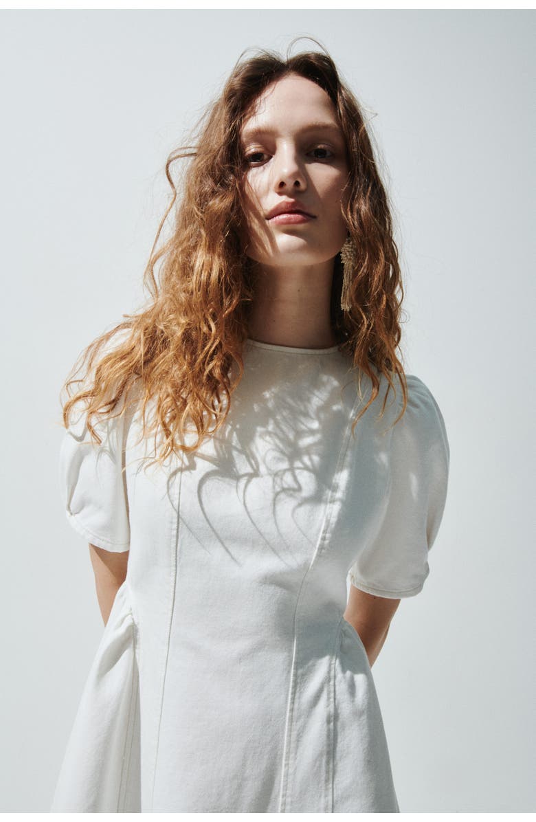 H&M Flared-skirt denim dress, Alternate, color, Cream