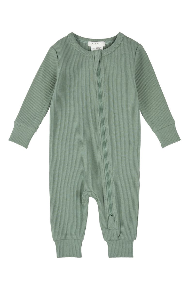 FIRSTS by Petit Lem Laurel Rib Fitted One-Piece Zip Pajamas, Main, color, Light Turquoise