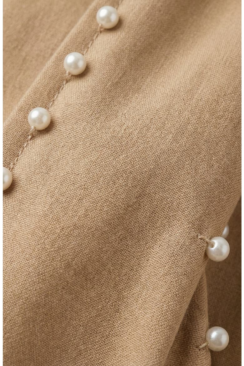 Short Sleeve Collared Midi Dress with Pearl Details and Statement Belt, Alternate, color, Beige