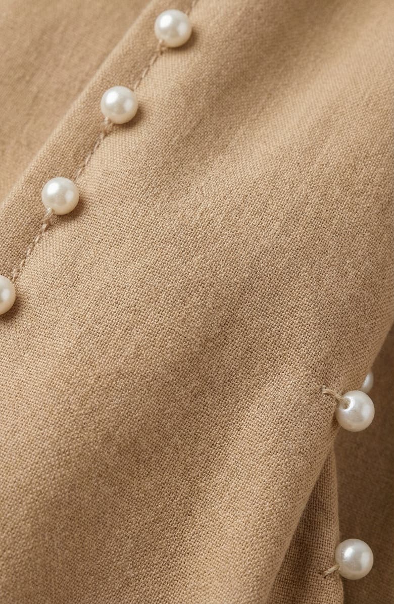 Modenaire Short Sleeve Collared Midi Dress with Pearl Details and Statement Belt, Alternate, color, Beige