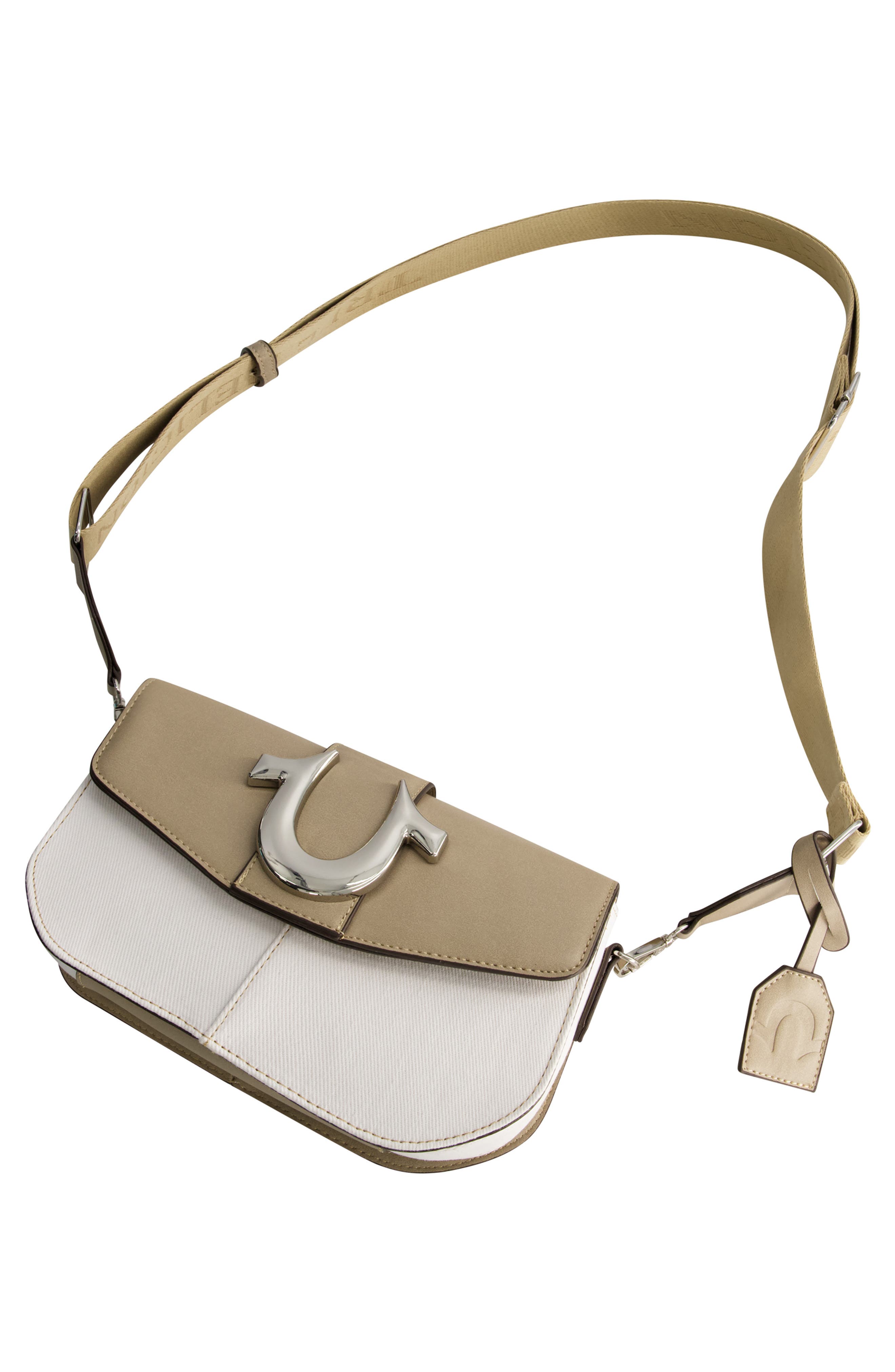 Denim Saddle Bag with Oversized Horseshoe Logo, Alternate, color, TAUPE