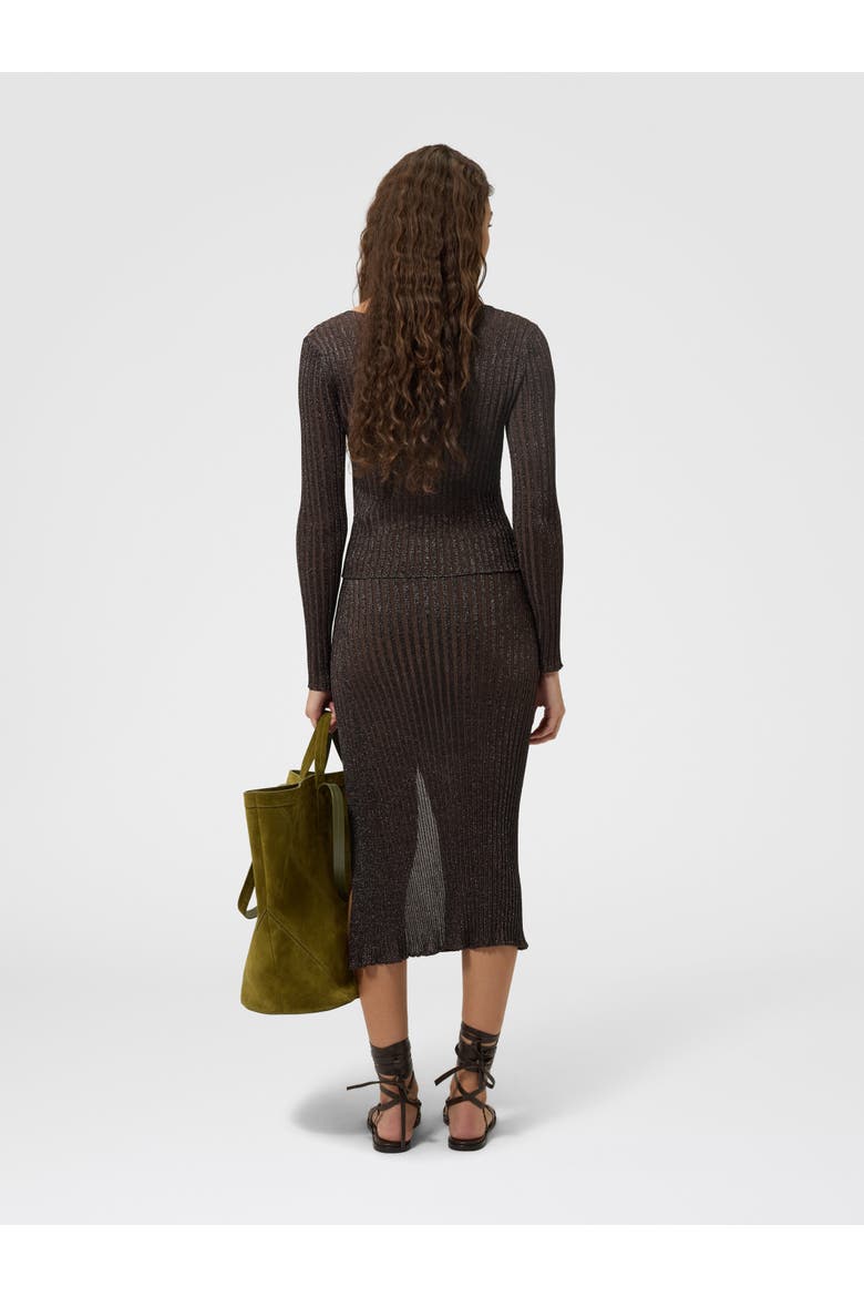 Ribbed Viscose Lamé V-neck Sweater, Alternate, color, Brown