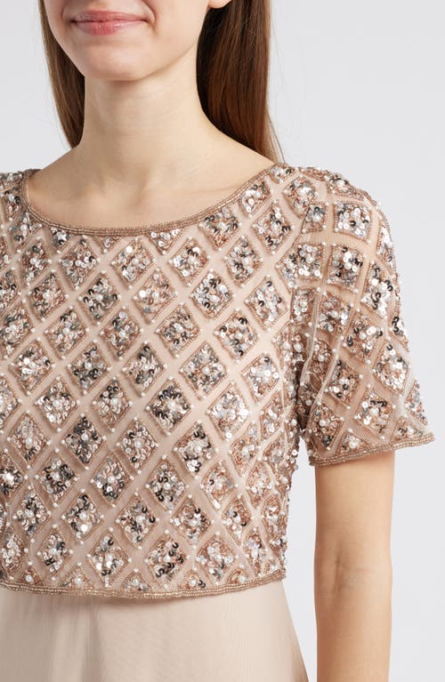 Pisarro Nights Beaded Mesh Mock Two-piece Evening Dress In New Peach