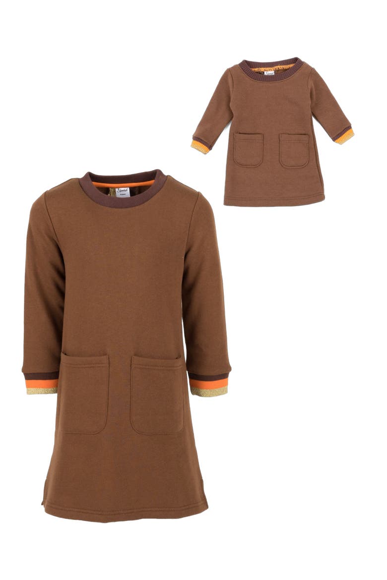 Girls Sweatshirt Dress with Matching Doll Dress, Alternate, color, BROWN