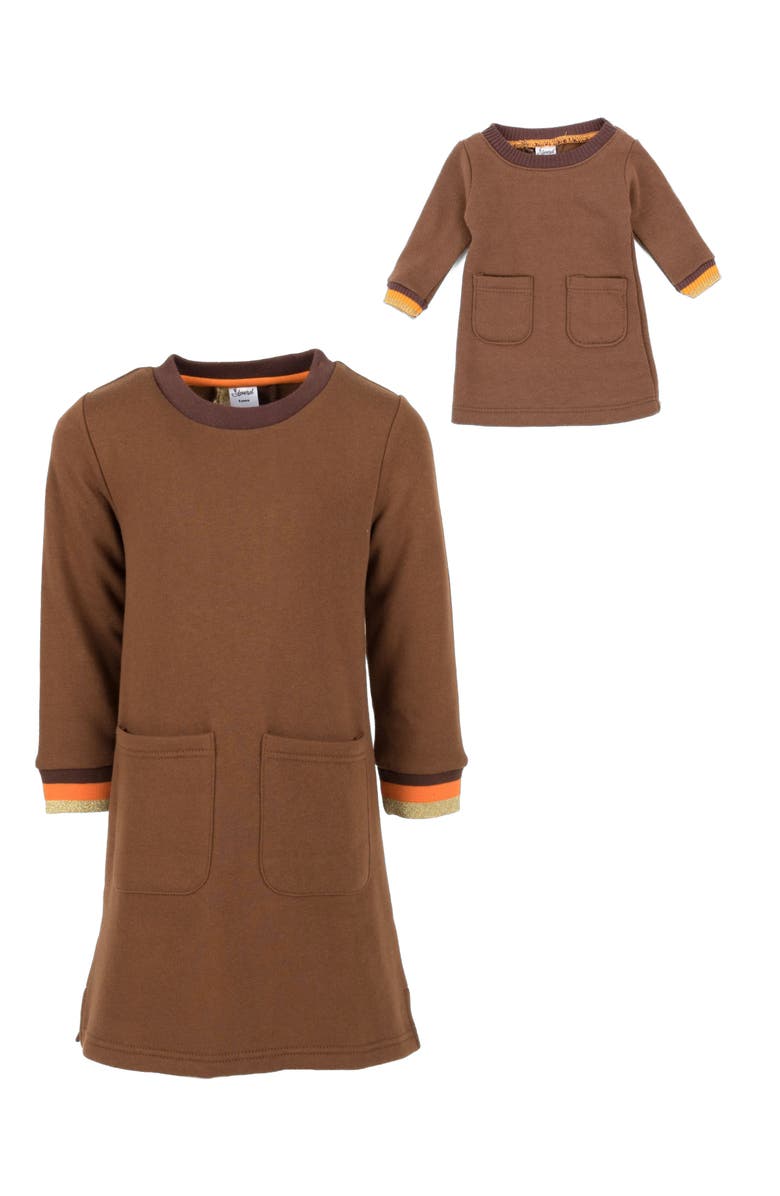Leveret Girls Sweatshirt Dress with Matching Doll Dress, Alternate, color, Brown