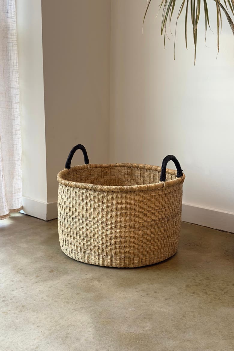 Handwoven Hamper with Leather Handles, Alternate, color, Natural