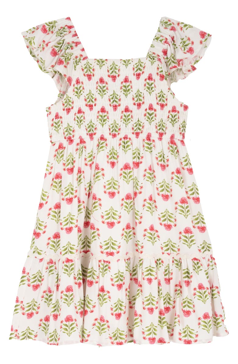 Rare Editions Kids' Print Smocked Tiered Dress, Alternate, color, Ivory