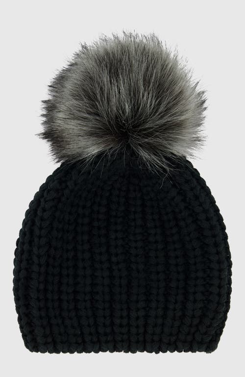 Lyla Grant Beanie Hat With Fur-free Fox (faux Fur) Pompom In Black