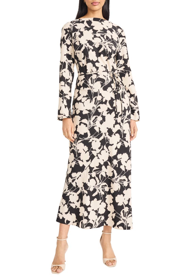 Floral Long Sleeve Maxi Dress, Main, color, BLACK/ CREAM