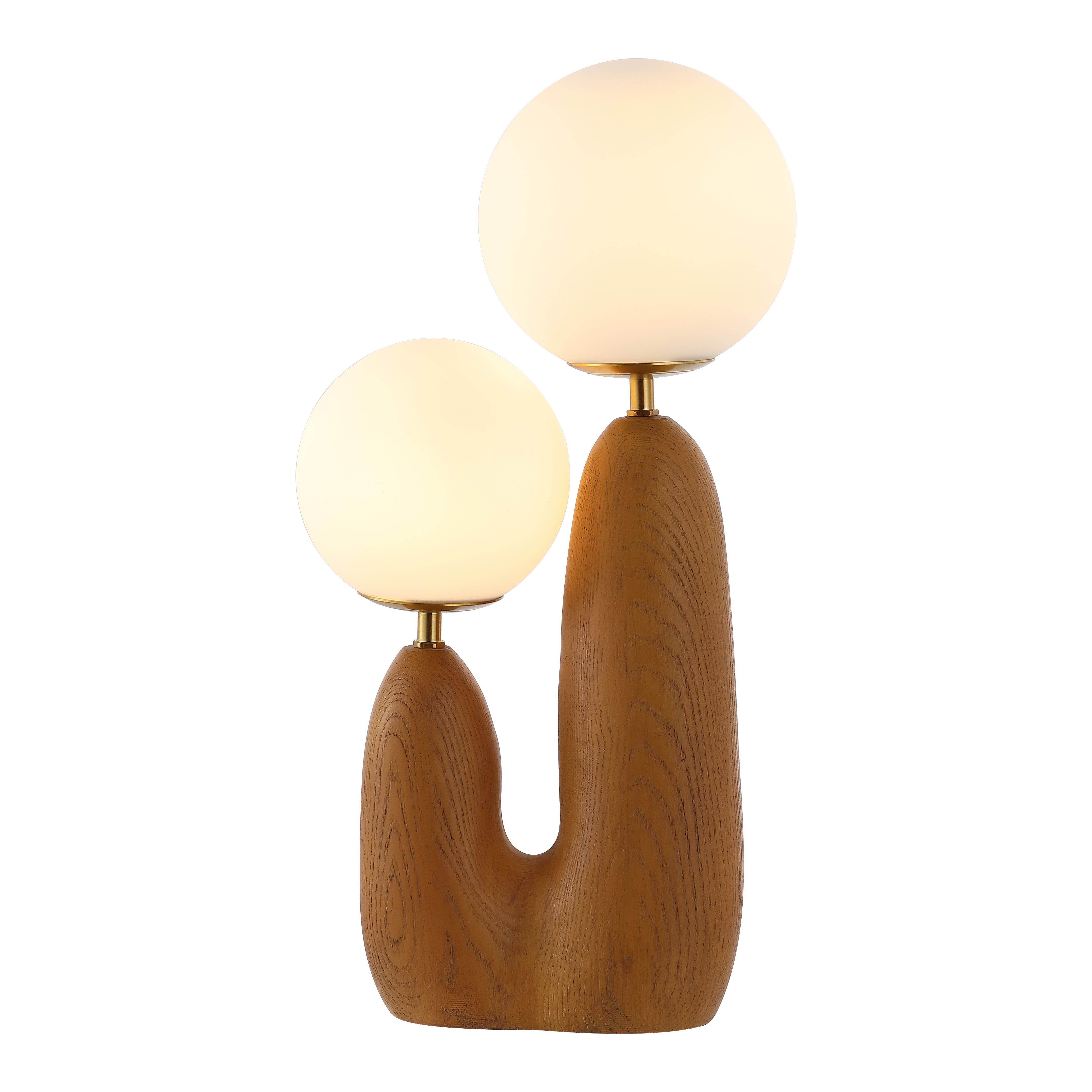JONATHAN Y Oda 17.75" 2-Light Modern Bohemian Resin/Iron/Frosted Glass Danish Cactus LED Table Lamp - Brown Wood Finish/Brass Gold