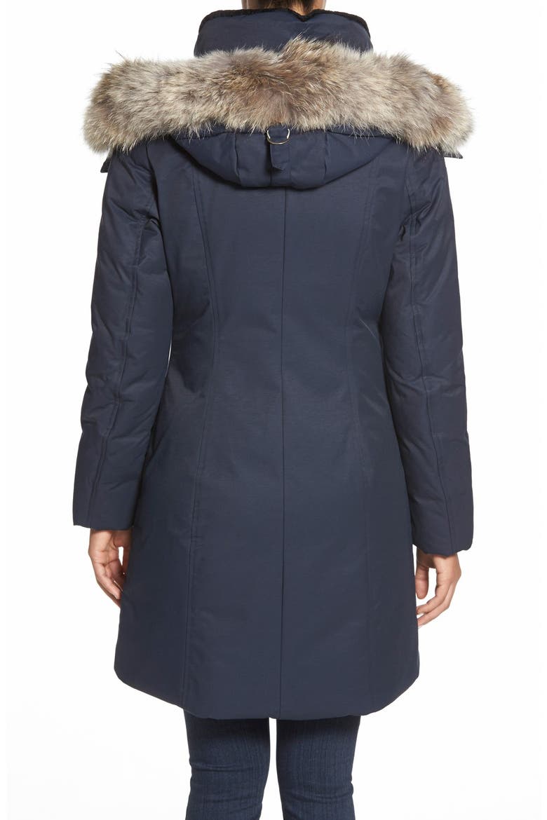 Hooded Long Down Coat with Genuine Coyote Fur & Genuine Shearling Trim, Alternate, color, NAVY