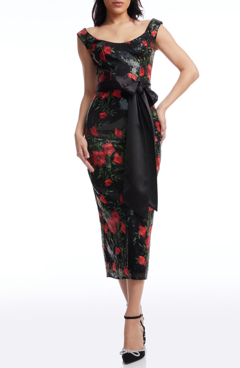 Dress the Population Dottie Floral Jacquard Sequin Midi Cocktail Dress, Main, color,