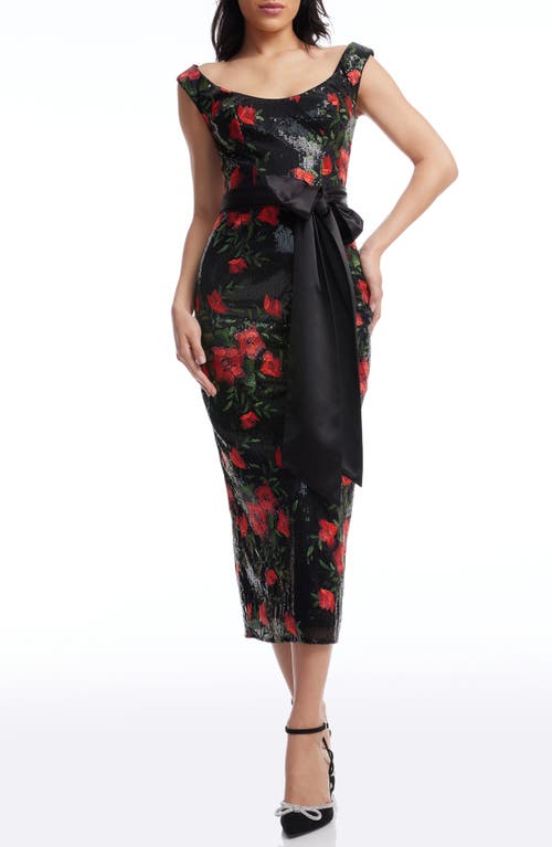 DRESS THE POPULATION DRESS THE POPULATION DOTTIE FLORAL JACQUARD SEQUIN MIDI COCKTAIL DRESS