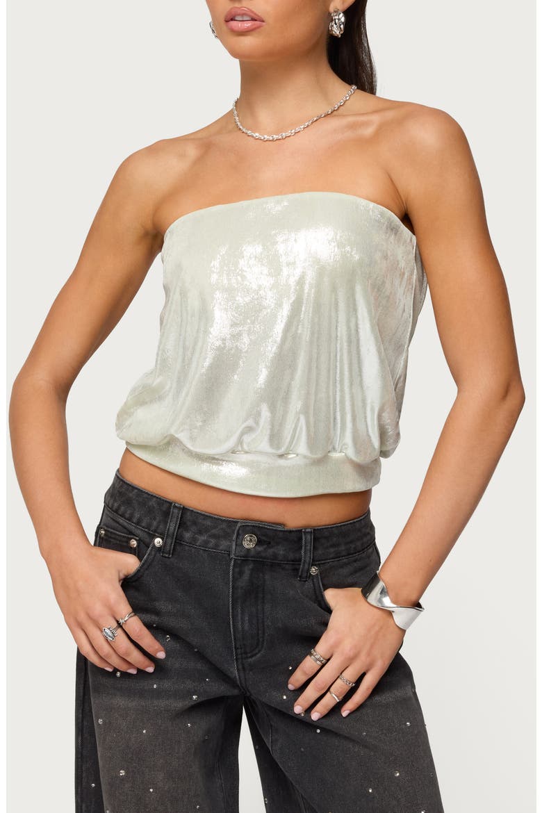 Leira Shimmer Strapless Blouson Top, Main, color, GOLD