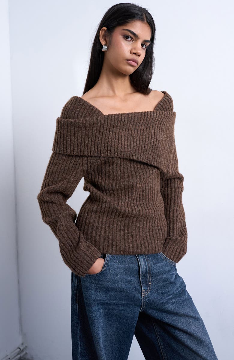 Topshop Ribbed Off the Shoulder Sweater, Main, color,