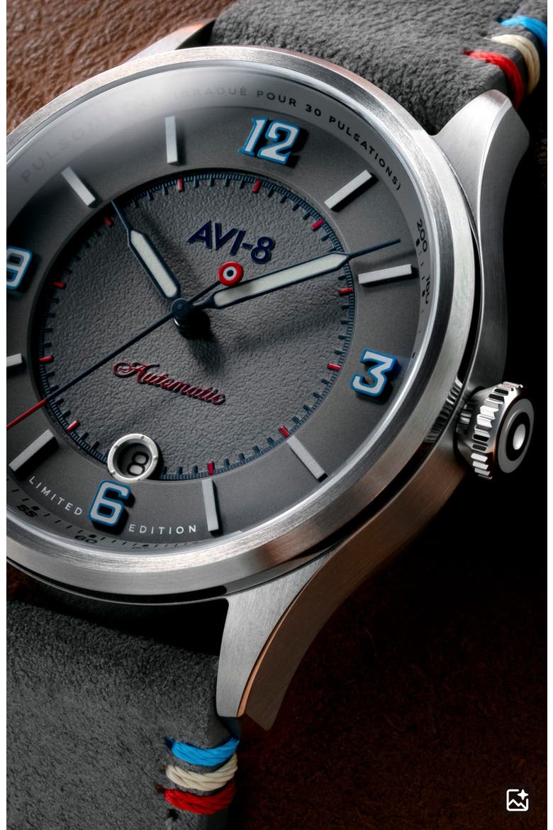 Flyboy Lafayette Automatic 110th Anniversary Limited Edition Leather Strap Watch, 42mm, Alternate, color, GREY